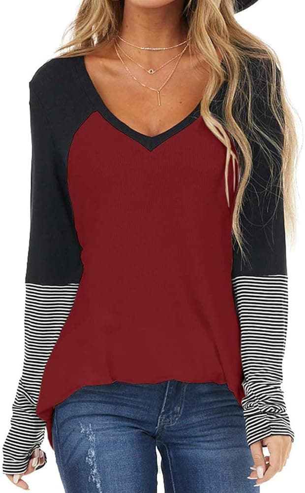 Langwyqu Womens Color Block V Neck Long Sleeve T Shirts Striped Tee Shirts Casual Loose Fit Tunic Tops