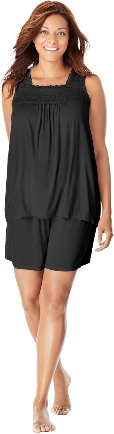 Dreams & Co. Women's Plus Size Lace-Trim Short Pajama Set Pajamas