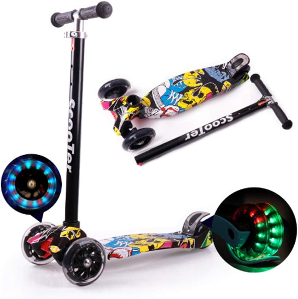 Jipemtra Scooters for Kids 3 Wheel T-bar Balance Riding Kick Scooters Foldable Height Adjustable LED PU Flashing with Graffiti for Kids Christmas Birthday Gift