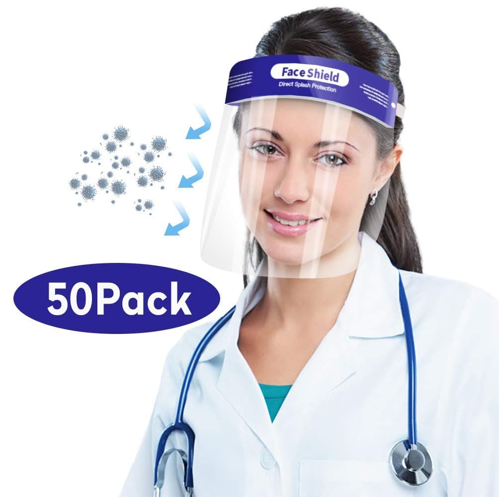 50Pcs Safety Face Shield HD Double Side Anti-fog Adjustable Transparent Protect Eyes and Face, Anti Drool Splash-Proof Facial Cover and Comfort Sponge Dental Face Shield for Men Women