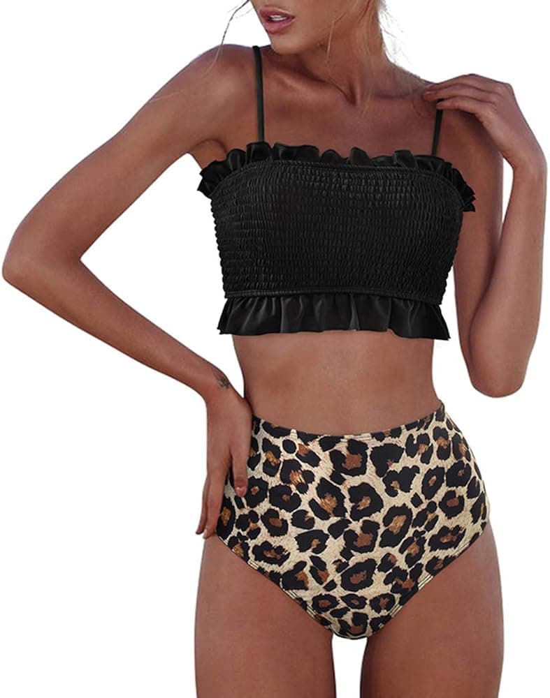RXRXCOCO Womens Shirred Bandeau Bikini Cute Two Piece Swimsuit Off Shoulder High Waist Bathing Suit