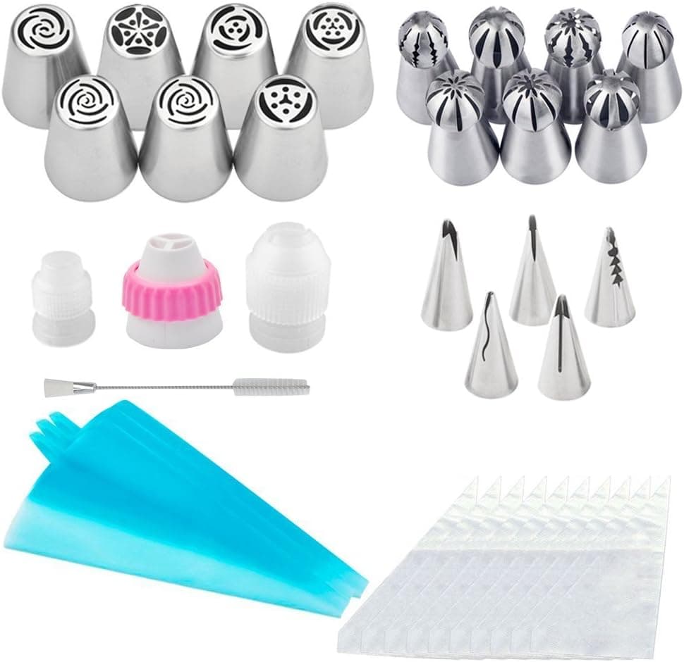 Russian Piping Tips Set of 35 Pcs, Piping Nozzles Tips Fondant Cake Decorating Flower Frosting Tips, Baking Tools Kit, Extra 3 Reusable Silicone Pastry Bags, 10 Disposable Bags, 3 couplers, 1 Brush
