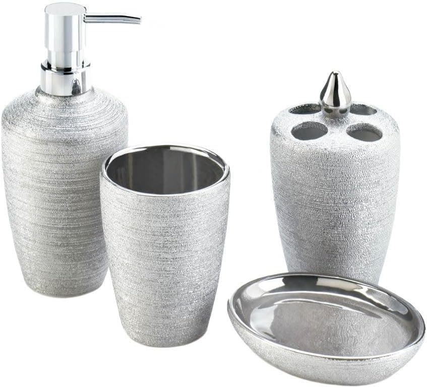 4 Piece Silver Shimmer Bath Accessory Set