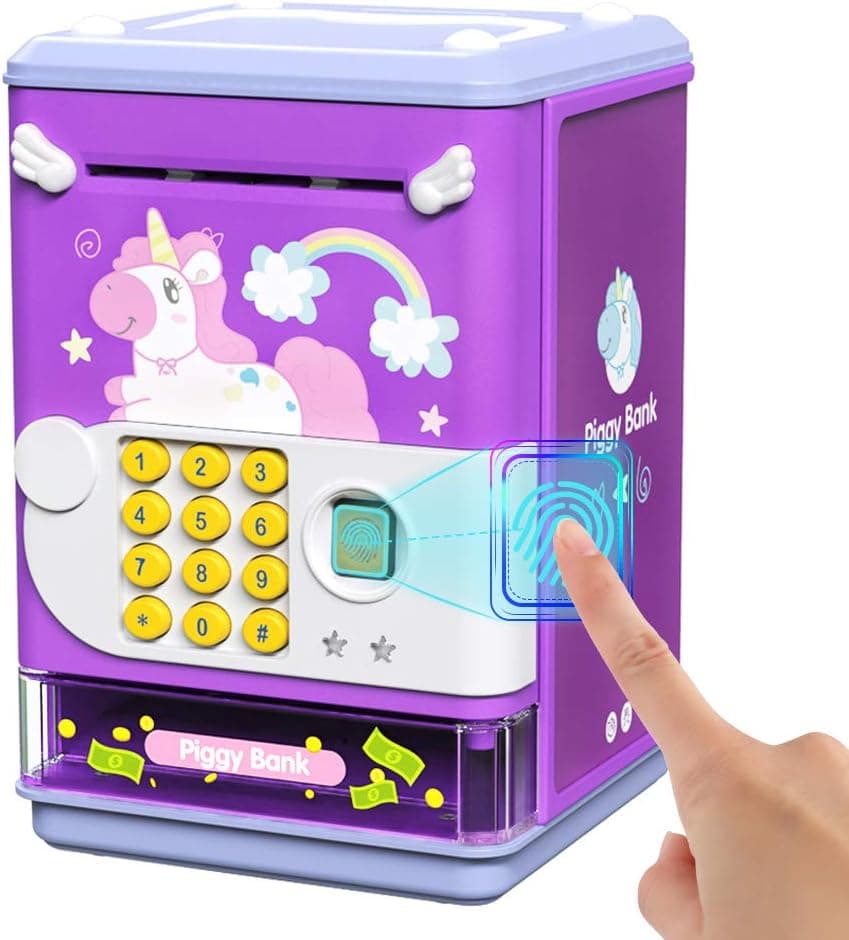Deejoy Piggy Bank Toy Electronic Mini ATM Savings Machine with Personal Password & Fingerprint Unlocking Simulation - Music Box with Songs for Kids, Boys and Girls Age 3-8 Years (Purple)