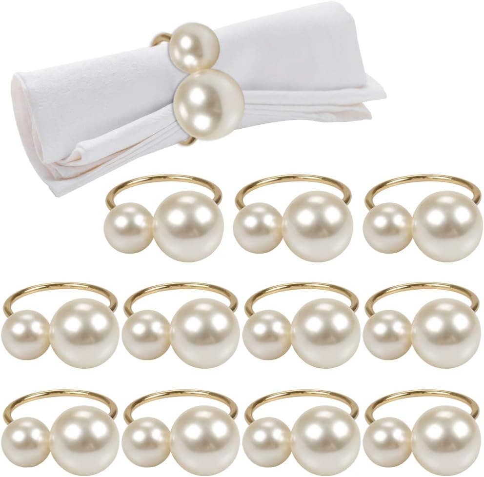 Pearl Napkin Rings Set of 12, Gold Serviette Buckle Holder for Easter, Family Gathering, Dinner Party, Wedding Decor, Napkin Ring for Christmas, Thanksgiving Day, Friends and Family (2 Gold Pearls)