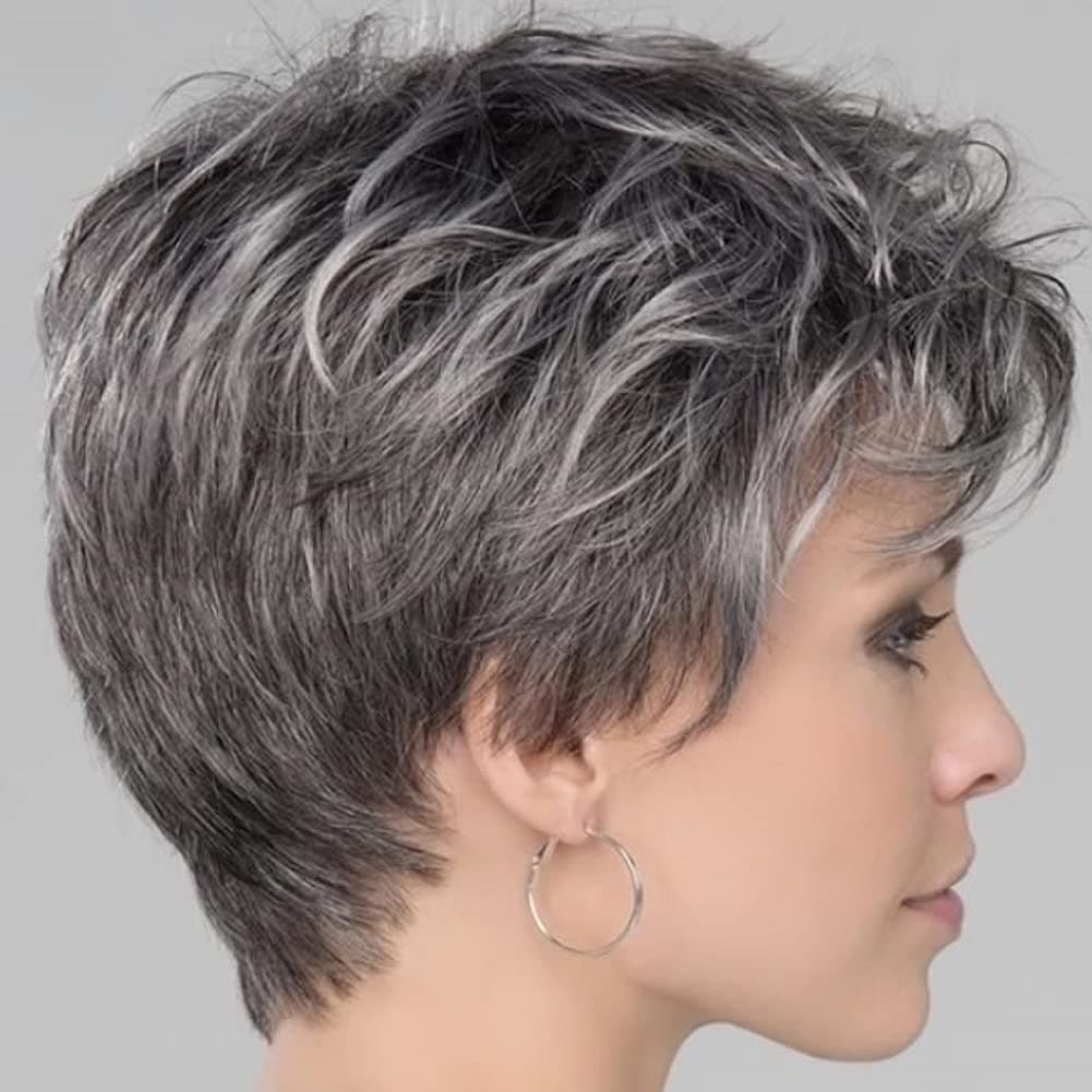 Short Fluffy Bob Wig Synthetic Gray Ombre Multi-Colored Full Wig for Women