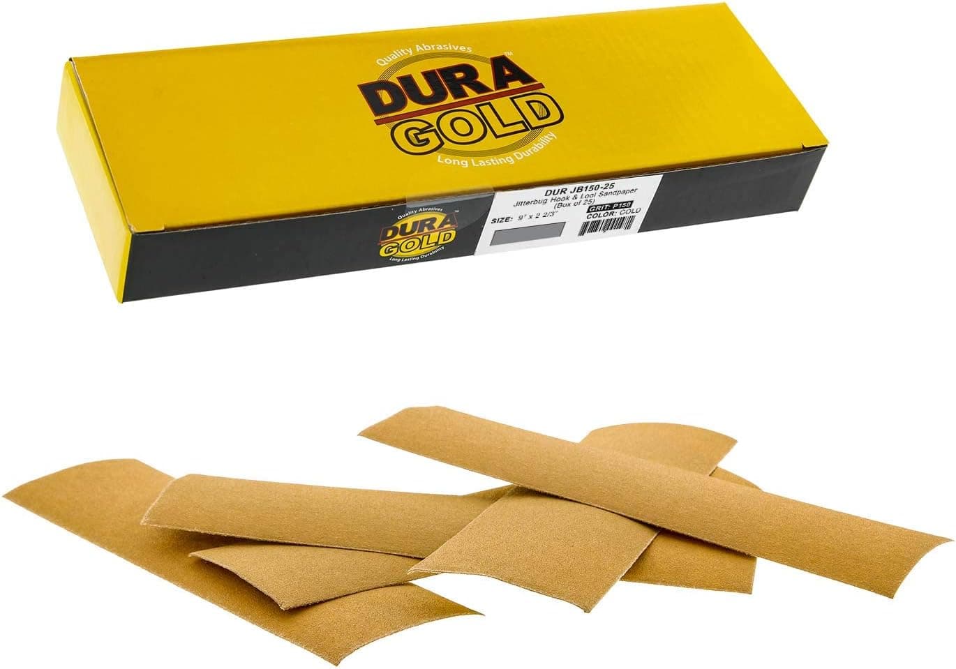 Dura-Gold Premium 9" x 2-2/3" Gold Sandpaper Sheets, 150 Grit (Box of 25) - Hook & Loop Backing, Wood Furniture Woodworking, Auto Paint, Detailing - for Orbital Long File Sanders, Hand Sanding Blocks