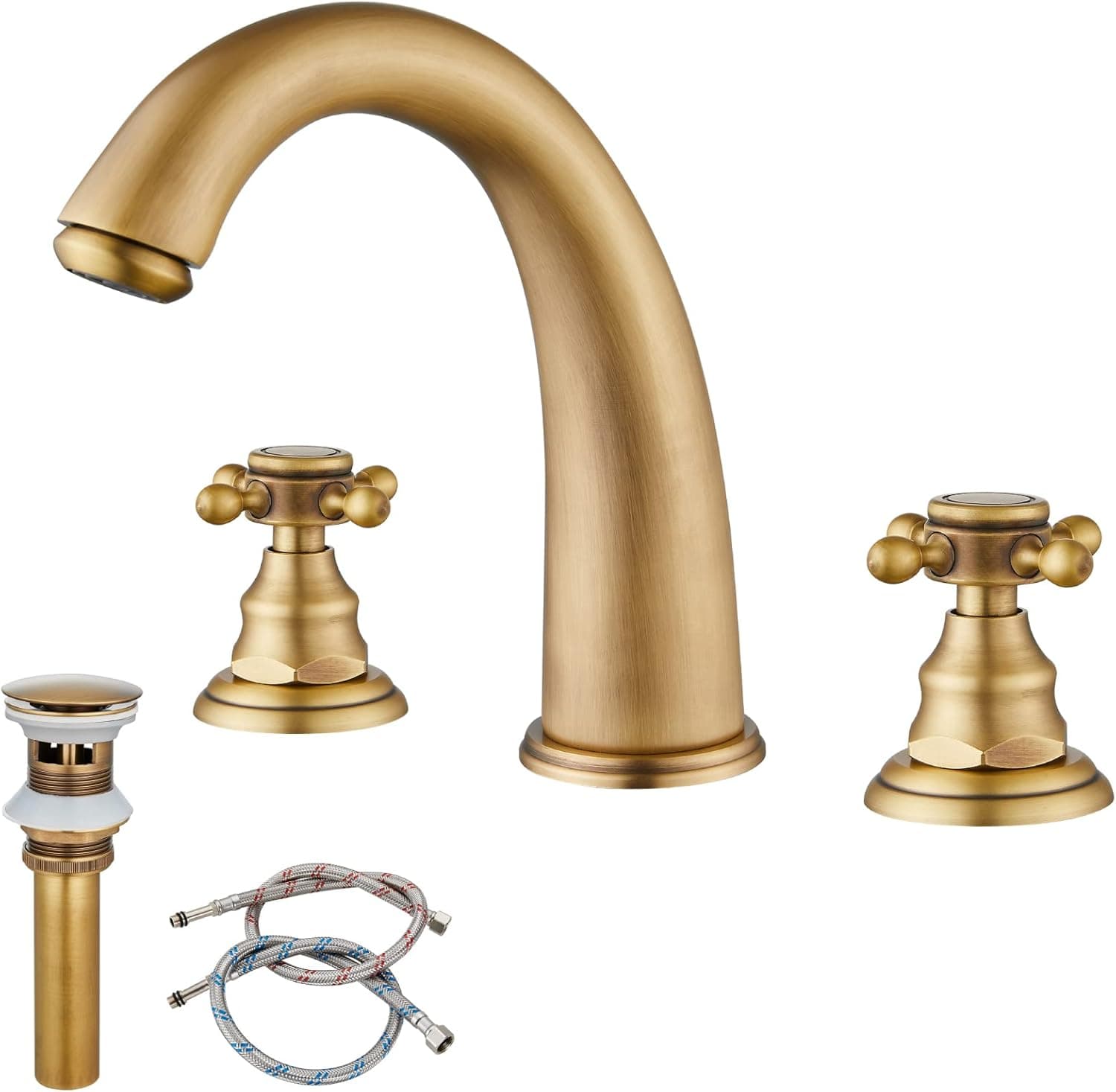 Antique Brass 8 inch Widespread Bathroom Faucet 3 Hole Double Cross Handle Mixer Bathroom Sink Tap Deck Mount Hot Cold Water Matching Pop Up Drain with Overflow
