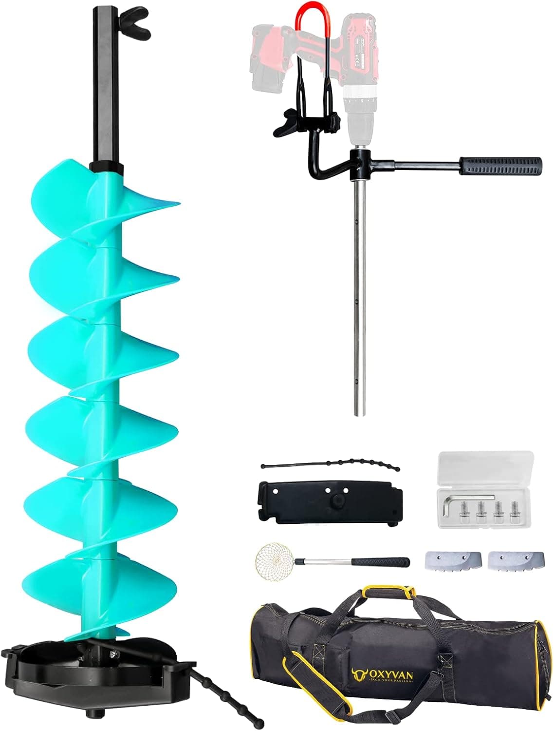 OXYVAN Ice Fishing Auger,Nylon Ice Drill Auger with Centering Point Blade,3 Adjustable Depths Up to 55 Inches,Including 2PCS Replaceable Blades &Storage Bag(Drill Not Included)