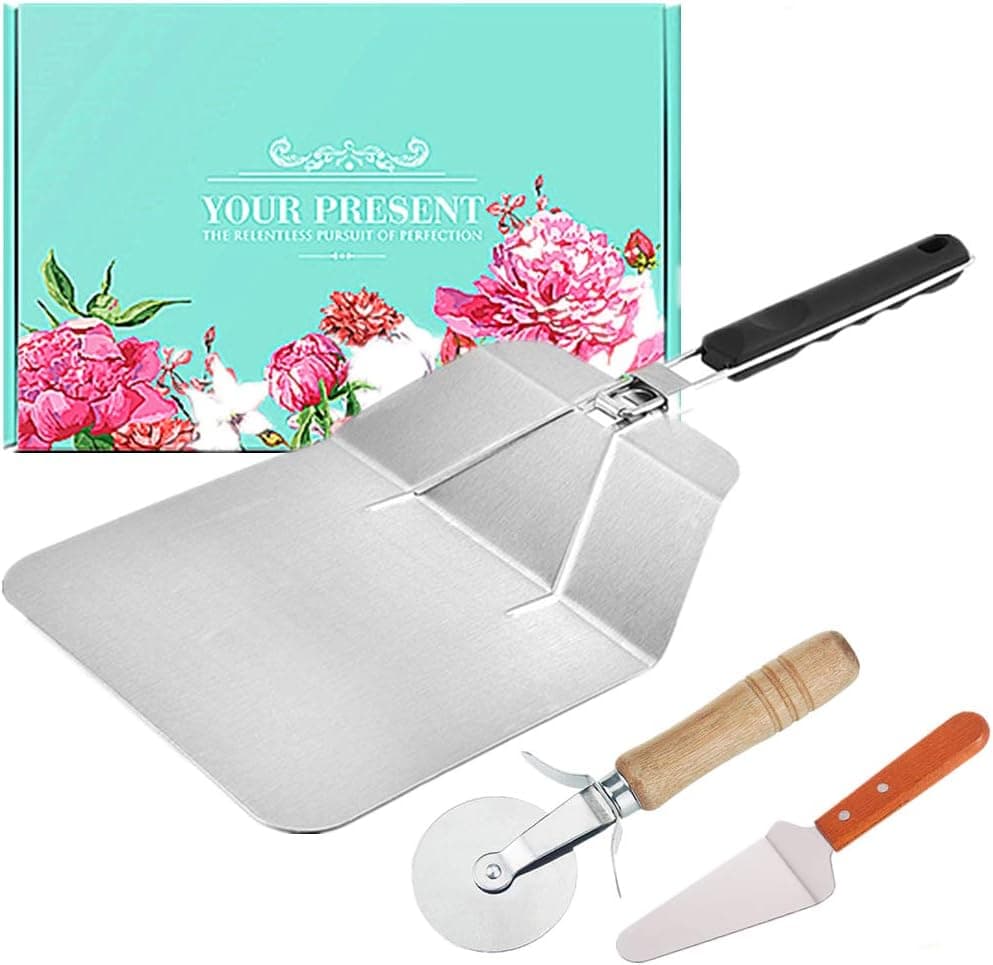 CofeLife Stainless Steel Pizza Peel with Folding Heat Proof Handle, Stainless Steel Pizza Cutter Wheel And Pizza Server with Wooden Anti-Slip Grip Handle, Pizza Peel Set for Baking Homemade Pizza