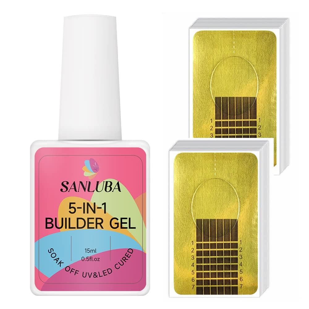 5 in 1 Clear Builder Base Gels, Hard Gel, rubber base gel for nails, Nail Strengthener Gel, Nail Extension, Builder in a Bottle Gel, Nails Repair with 100 Pcs Nail Forms