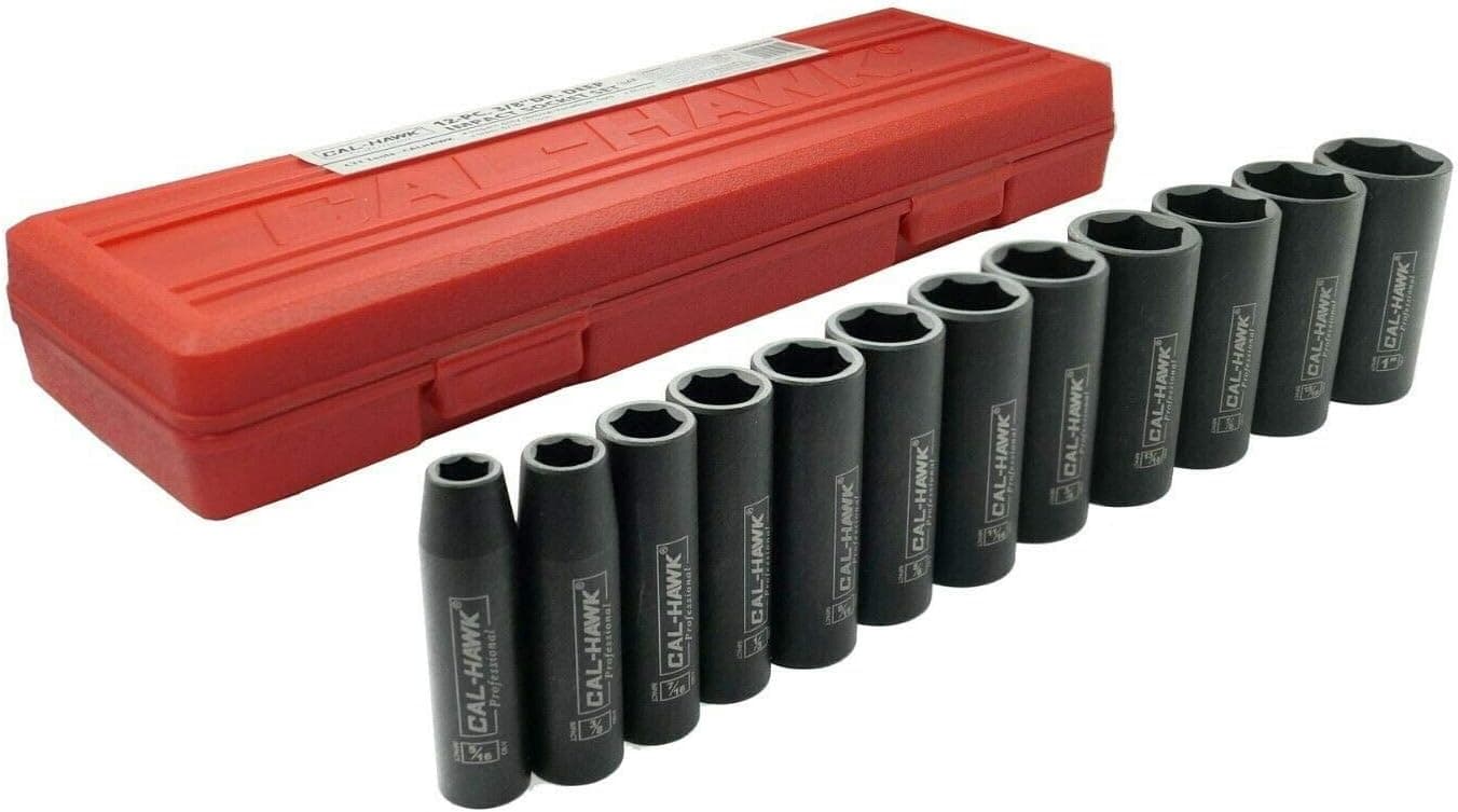 CAL-HAWK AISDCVB123S 3/8"Dr. 6 POINT SAE Deep Impact Socket Set | 12 Piece | Chrome Vanadium Cr-V Steel | SAE Sockets