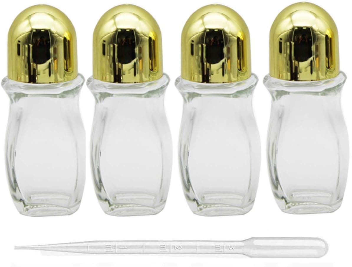4Pcs 50ml/ 1.69 oz Clear Refillable Glass Roll-On Deodorant Bottles Reusable Leak-Proof Massage Roller Bottles Containers with Roller Ball and Gold Cap for DIY Deodorant, 3ml Transfer Dropper