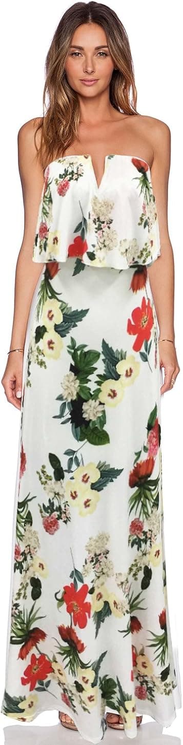 Blooming Jelly Women's Strapless Deep V Neck Ruffles Party Casual Beach Maxi Dress