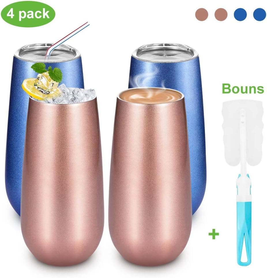 Champagne Flutes,Binken 4 Pack Stemless Champagne Flute,6 OZ Champagne Glasses Double Insulated Wine Tumbler with Lid and Cleaning Brush-Perfect for Hot or Cold Drinks (2 Rose Gold + 2 Blue)