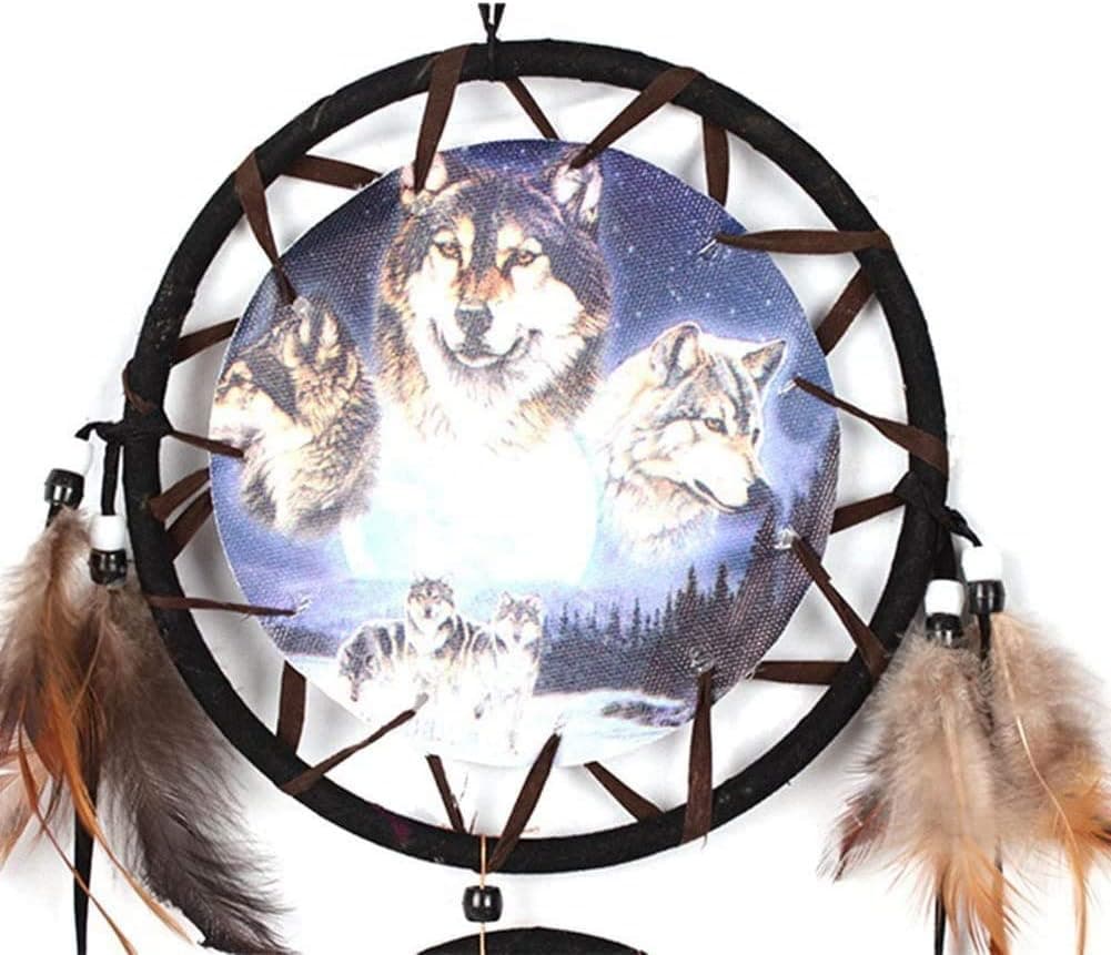 Willcomes Handmade Wolf Dream Catcher Wind Chimes Indian Style Feather Pendant Ornament Car Hanging Dreamcatcher Gift