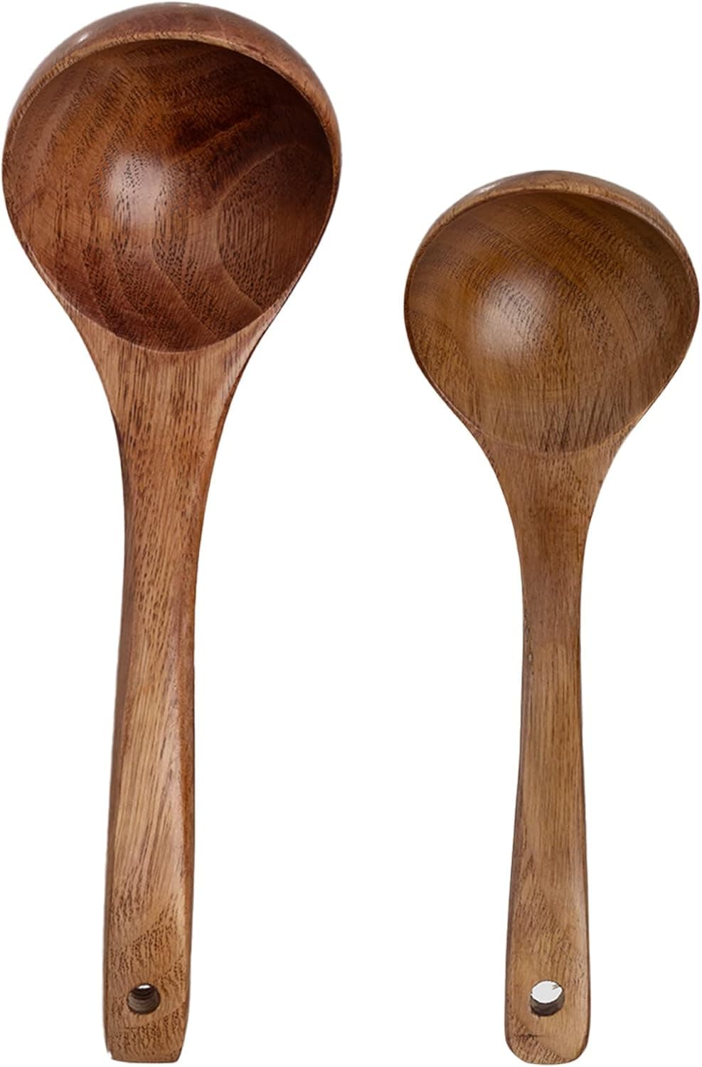 EORTA Set of 2 Wooden Soup Spoons Deep Ladle Natural Wood Sauces/Porridge Soup Flatware with Long Straight Handle Kitchen Serving Tools for Dinner Cooking Catering Gift, Large, Small