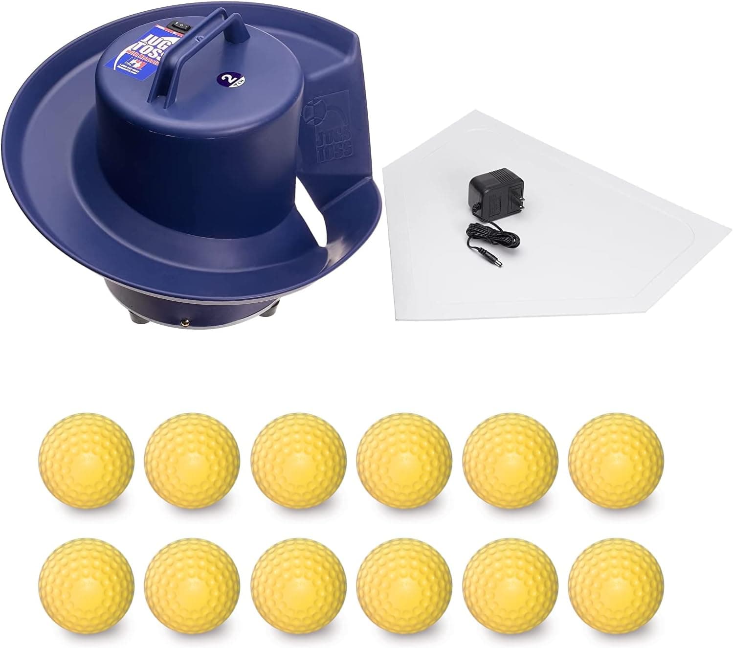 Jugs Toss Machine with 1-Dozen Sting-Free Yellow Dimpled Baseballs. Holds up to 14 Baseballs; Tosses One Ball Every 5 Seconds. Rechargeable—Runs up to 8 Hours.