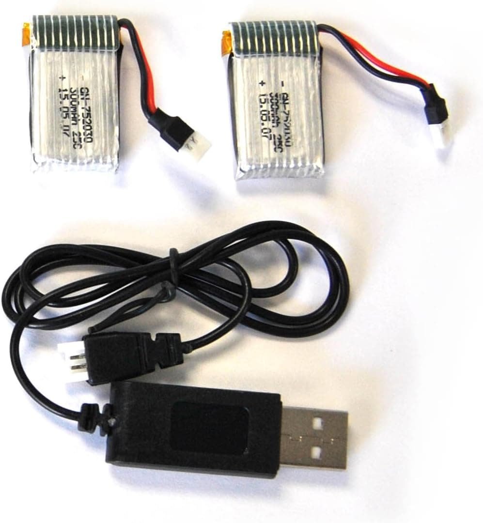 2 Batteries & 1 USB Charger for Wonder Drone: 2 Li-Polymer Batteries 3.7V 300mAh.
