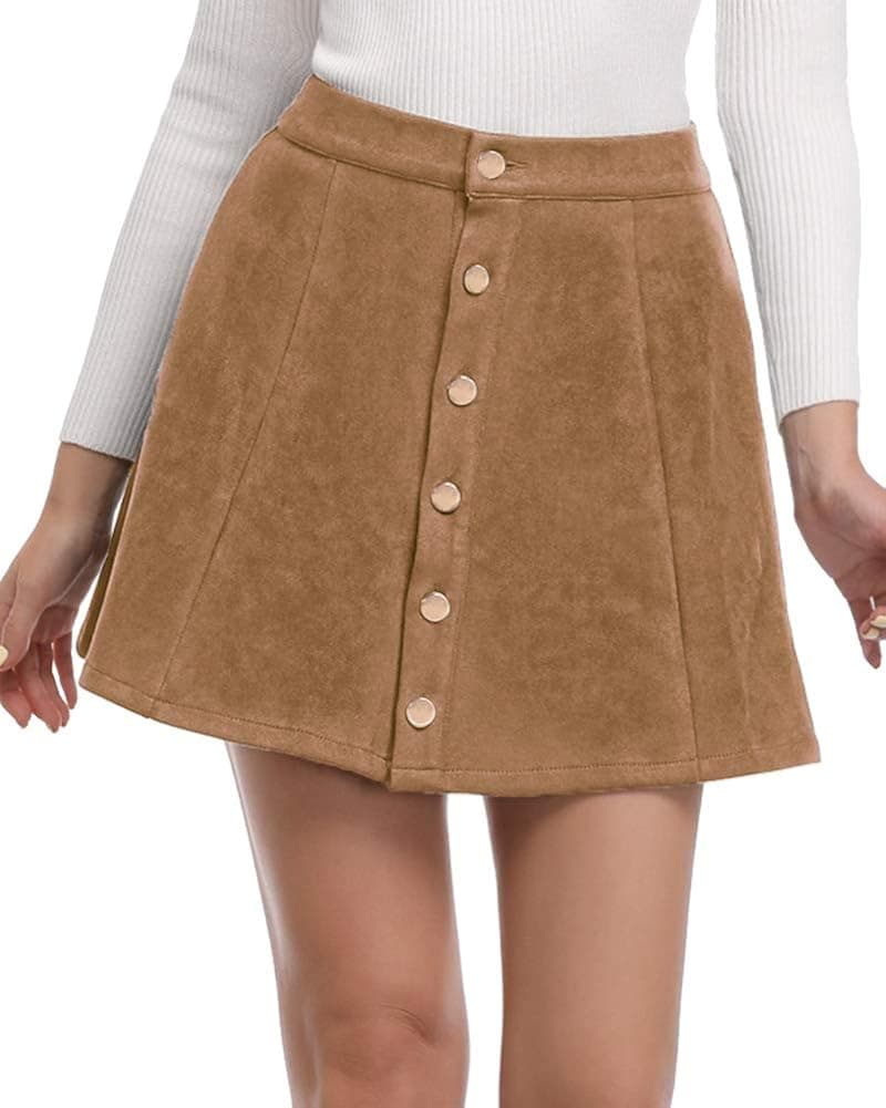Argstar Women's Faux Suede Button Closure A-Line Mini Short Skirt Clearence