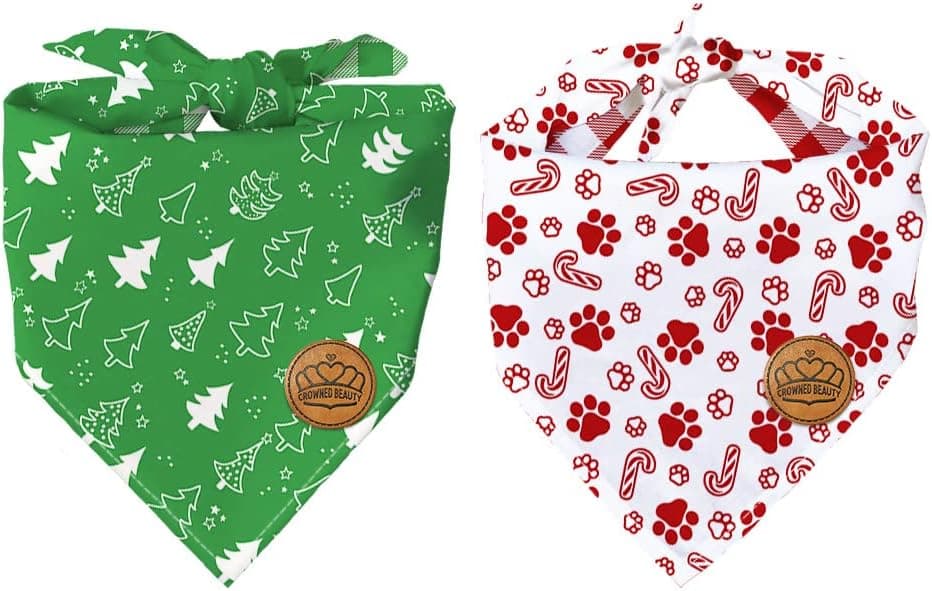 CROWNED BEAUTY Christmas Dog Bandanas Large 2 Pack,Paws Set,Adjustable Triangle Holiday Plaid Reversible Scarves for Medium Large Extra Large Dogs Pets DB08-L