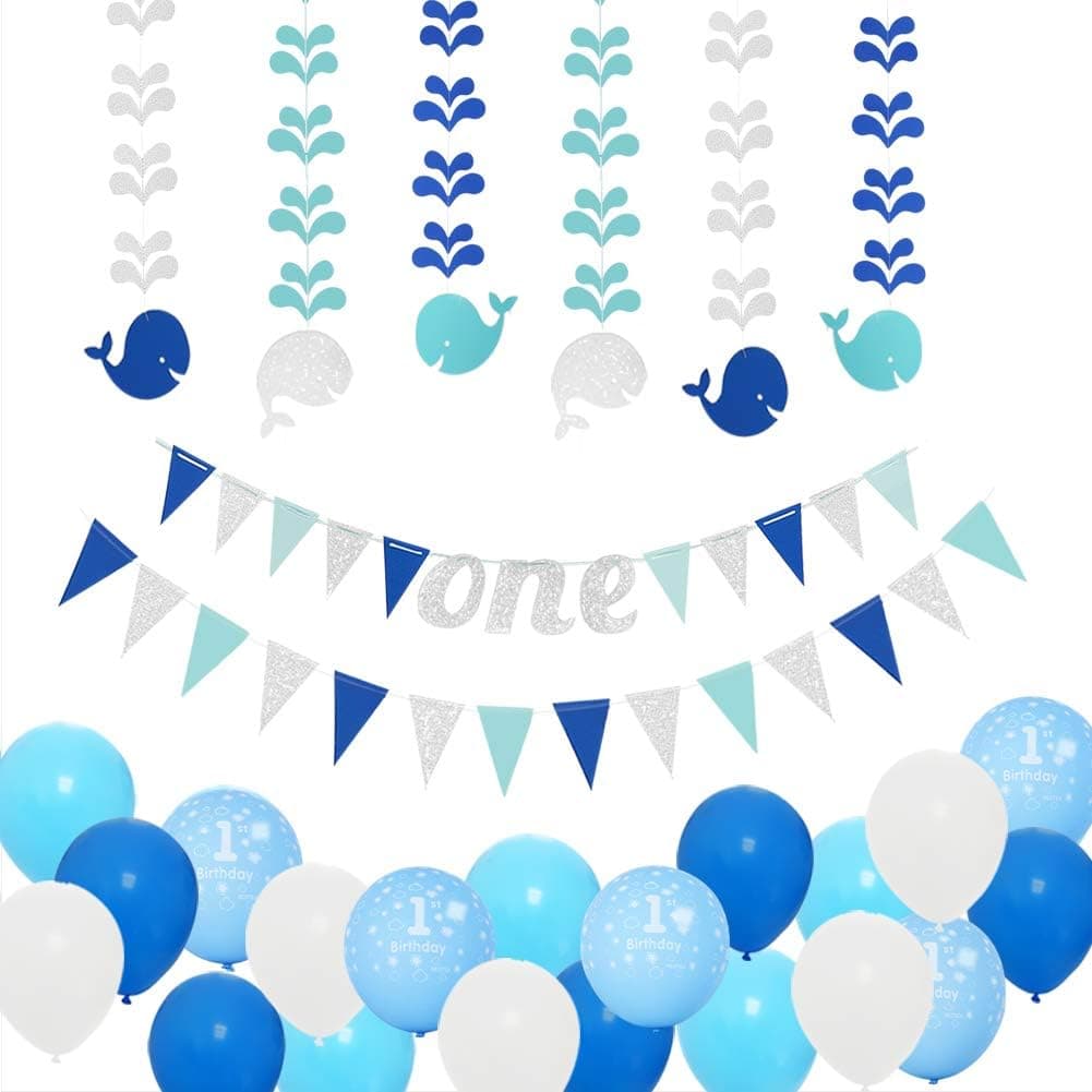1st Birthday Boy/Girl Decorations kit-Baby First Birthday Party Decorations-Blue/Silver one Birthday Banner,Glitter Hanging Whales-Number One Balloon–Blue,Light Blue and White Balloons.