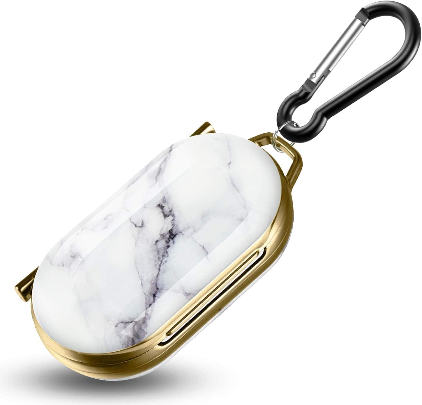 Newseego Compatible with Hard PC Galaxy Buds Case, Marble Plated PC Shockproof Drop Scratch Resistant Protection Cover Case with Carabiner Extending-White