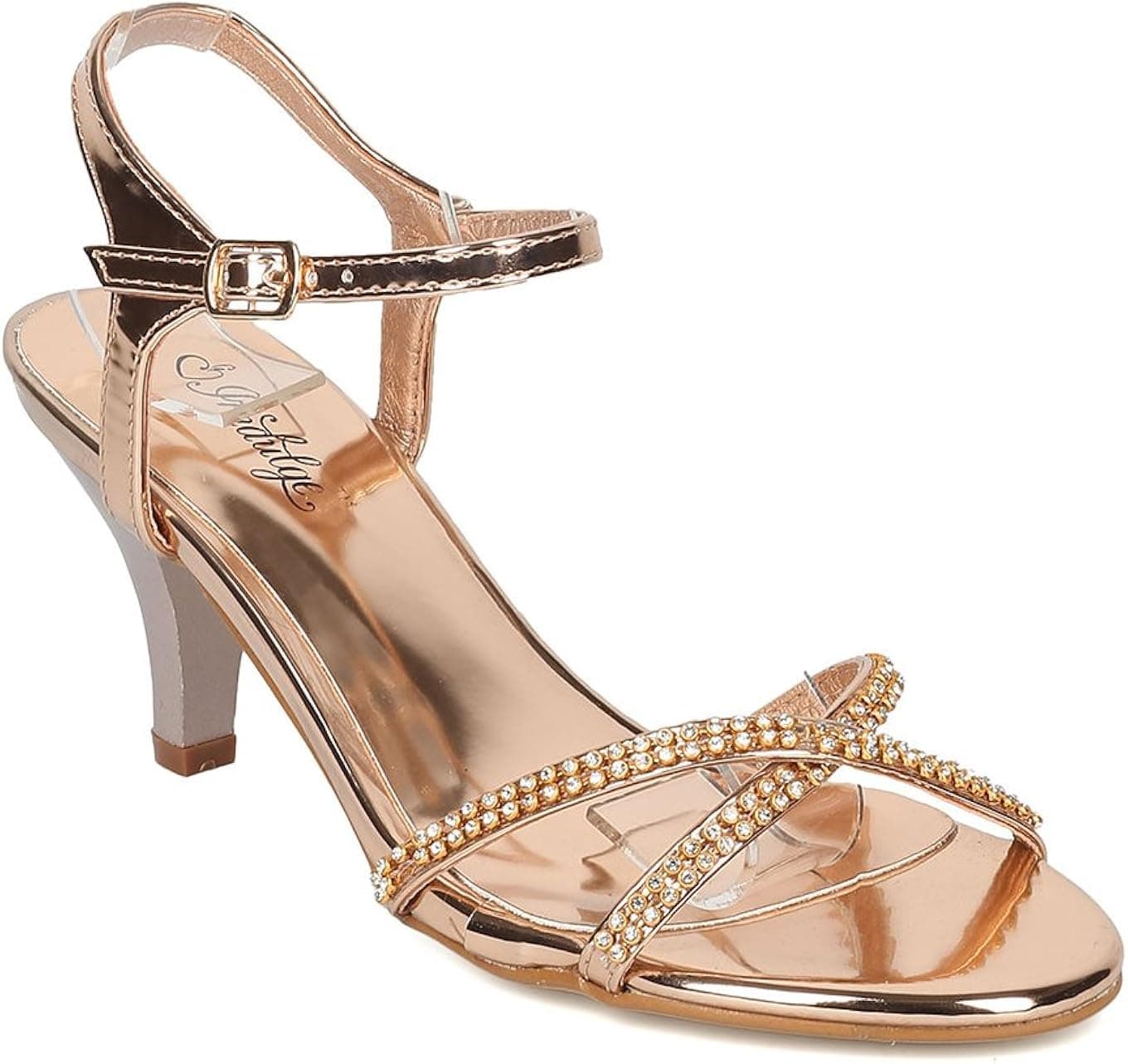 Indulge GAGA Women Metallic Leatherette Rhinestone Ankle Strap Kitten Heel Sandal HB95