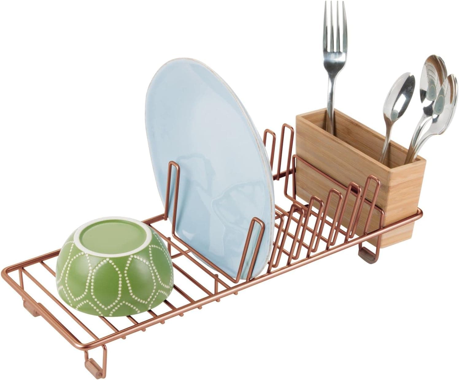 mDesign Compact Modern Kitchen Countertop, Sink Dish Drying Rack, Removable Cutlery Tray - Drain and Dry Wine Glasses, Bowls and Dishes - Metal Wire Drainer in Copper with Natural Bamboo Caddy