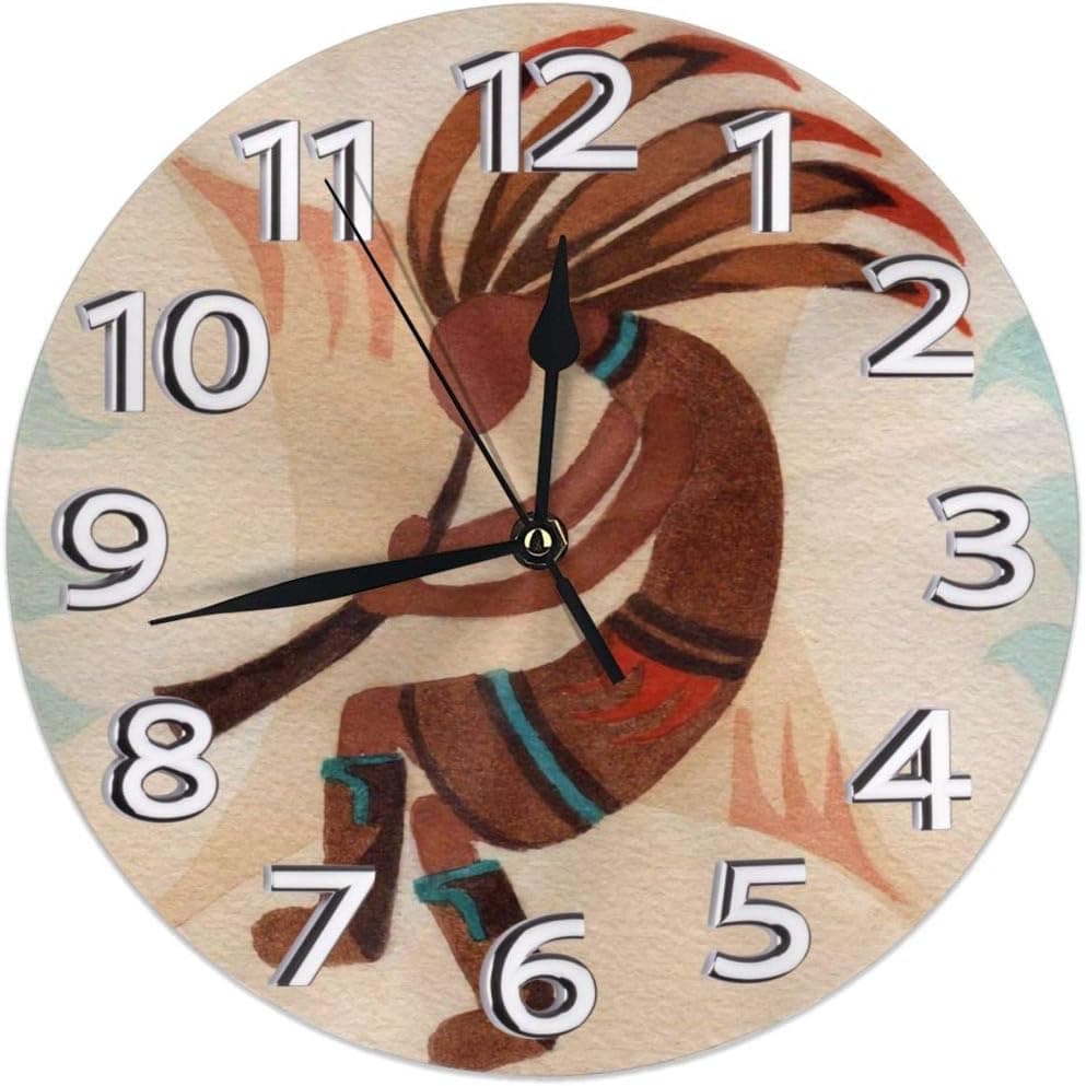 Retro Vintage Music Kokopelli Art Wall Decorative Round Retro Vintage Silent Wall Clocks Non-Ticking for Kitchen Living Room Bathroom Bedroom Wall Decor