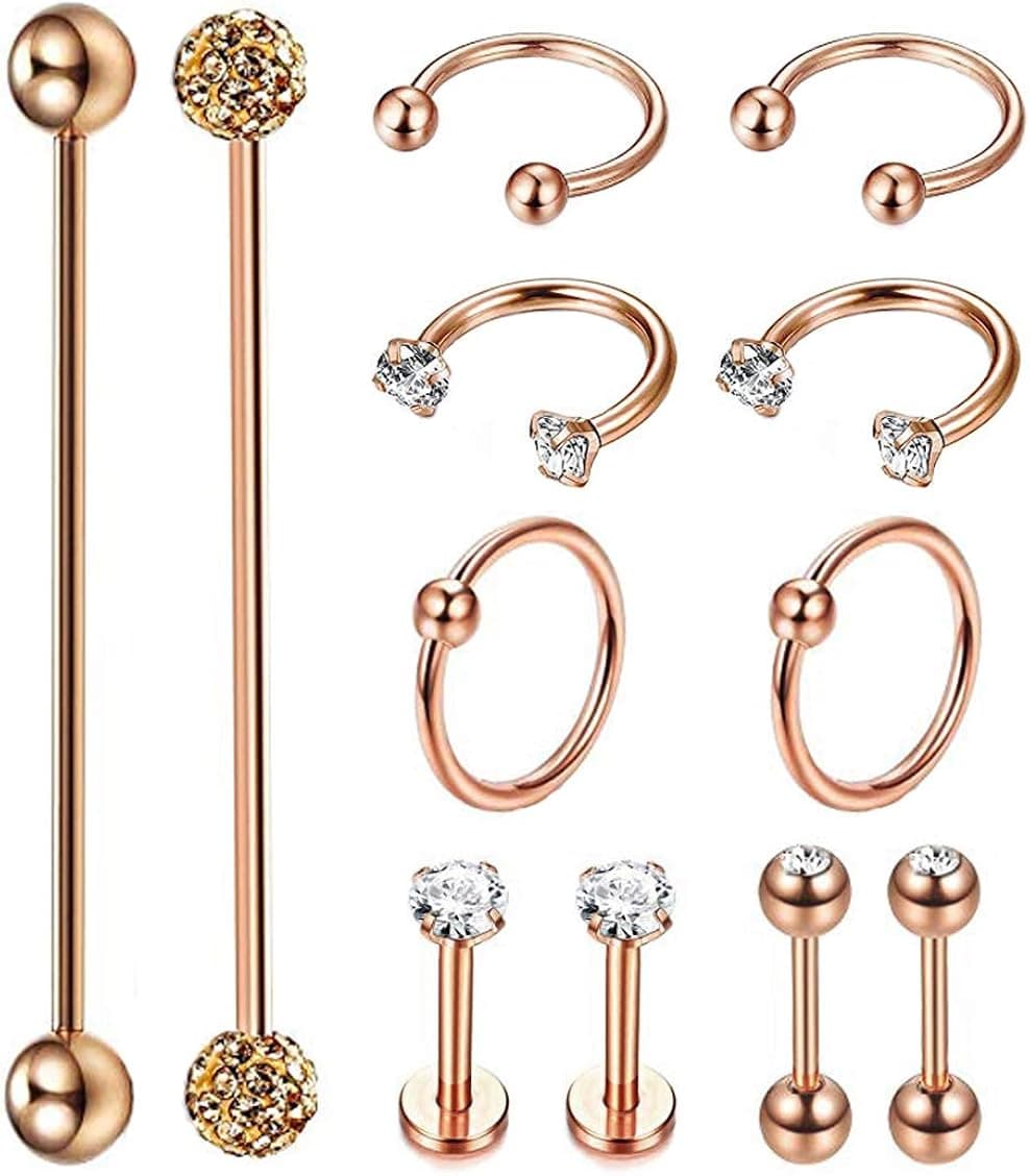 Masedy 12Pcs Stainless Steel Industrial Barbell Cartilage Piercing Earrings for Women Men Hoop Helix Tragus Labret Piercing