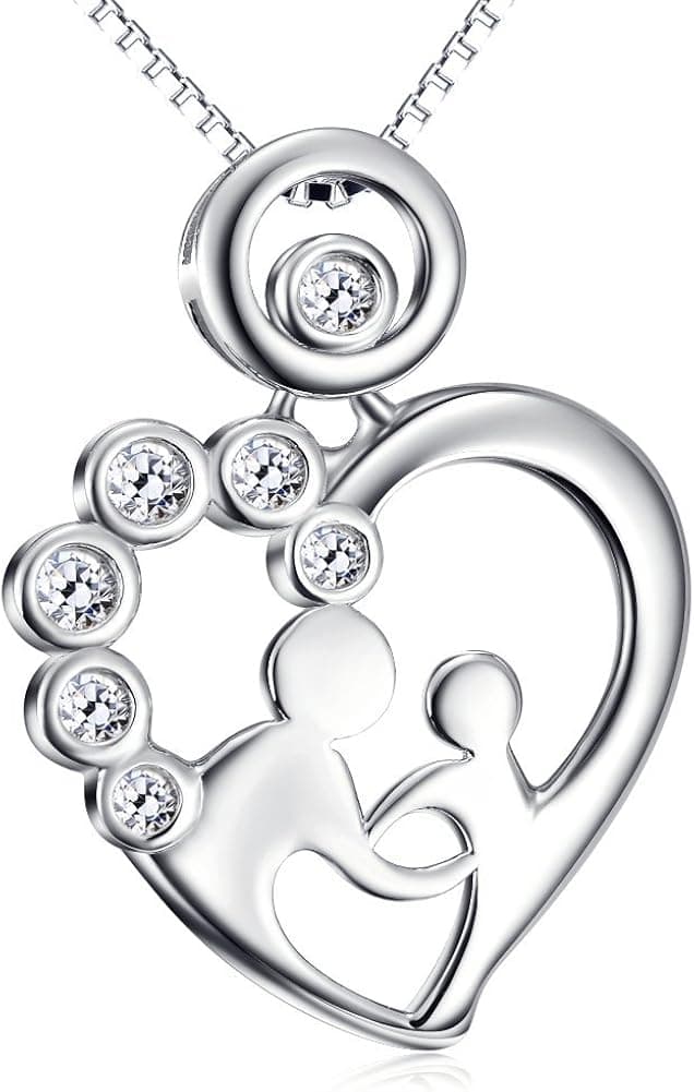 (Mother and Child Necklace) Mother's Day Sterling Silver Mother's Love Cubic Zirconia Heart Pendant Necklace