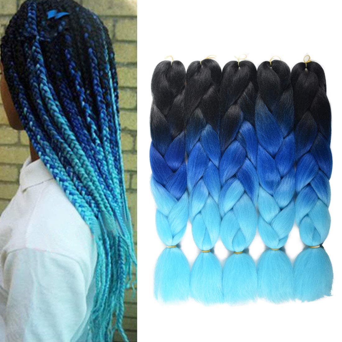 Ombre Jumbo Braiding Hair Kanekalon Hair for Braiding Black to Royal Blue to Sky Blue 24 Inch 5 Packs/lot