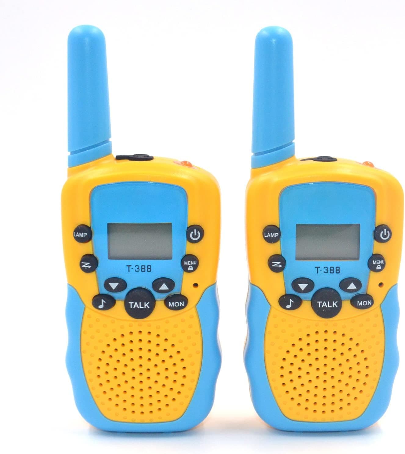 SUNET 2 Pack Battery Operated Walkie Talkies for Kids with 22 Channels 2 Way Radio 6 KMS Long Rang, Toy for 3-12 Year Old Boys Girls, with Backlit LCD Flashlight for Camping Outdoor (Yellow-Blue)