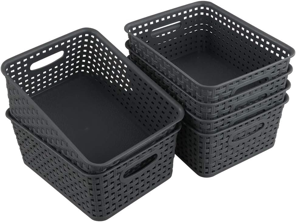 Lesbin Gray Plastic Baskets, 6-Pack Weave Storage Baskets