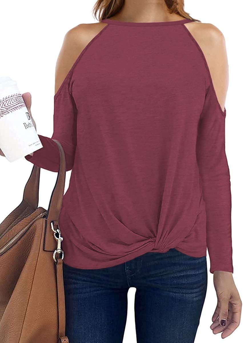 Sarin Mathews Womens Halter Neck Tops Cut Out Shoulder Shirts Casual Tunic Long Sleeve Twist Knot Blouses