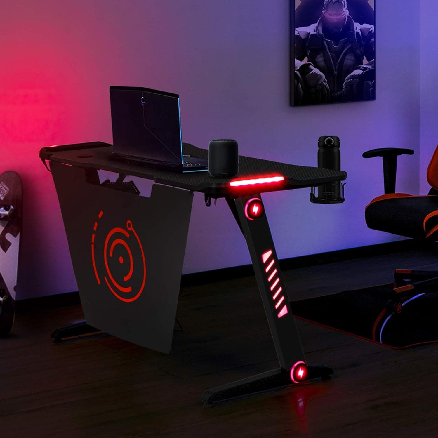 GTRACING Gaming Desk,Computer Table with RGB Lights and Remoted Switch for Home Office,Gamer Desk with Headphone Hook,Adjustable Cup Holder and Privacy Baffle(Black)