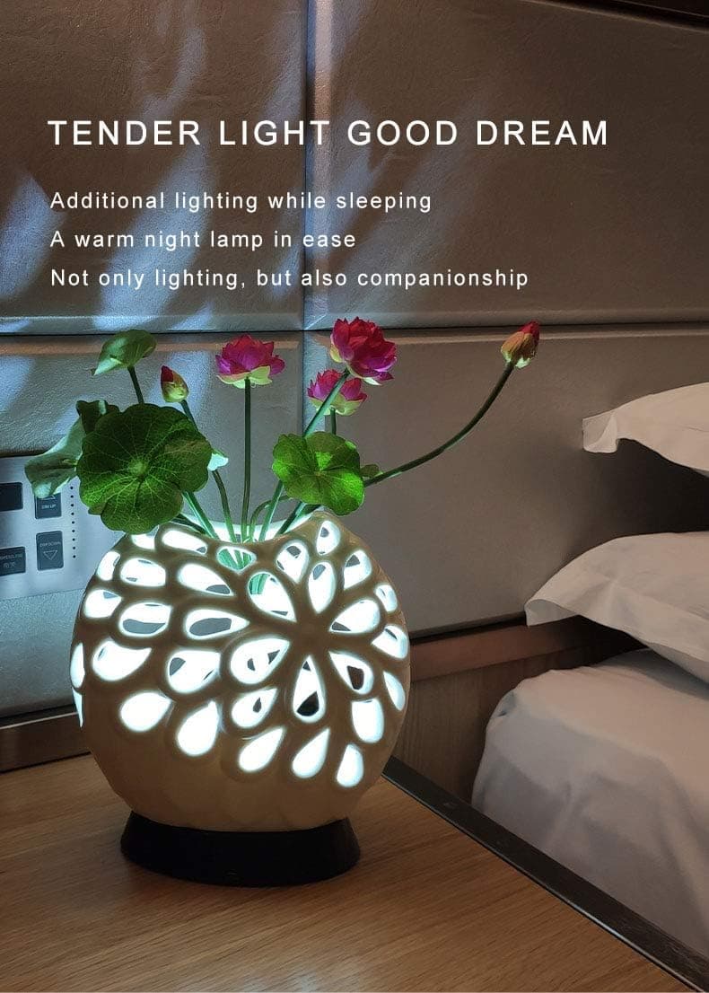 USB Charge Ceramic Petals Hollow vase Remote Control Night lamp Table Lamp Night Soft Light for Bedroom Reading Living Room Birthday Movable Night Light