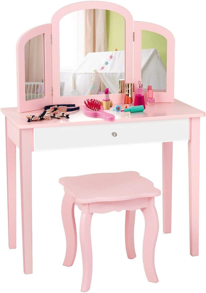 Costzon Kids Vanity Table, Princess Makeup Dressing Table with Drawer & Tri-Folding Mirror, 2-in-1 Vanity Set with Detachable Top, Pretend Beauty Play Vanity Set for Girls (Pink)