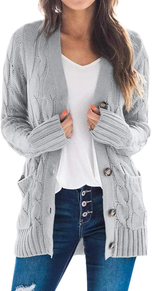 Imily Bela Womens Cable Knit Button Down Cardigan Sweaters Open Front Long Sleeve Knitwear Coat with Pockets