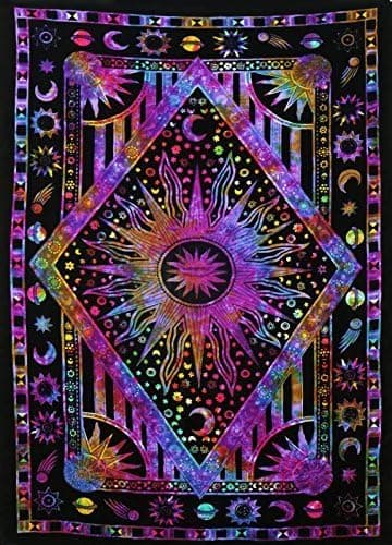 Jaipur Handloom Twin Blue Tie Dye Purple Burning Sun Tapestry, Celestial Sun Moon Planet Bohemian Tapestry Tapestry Tapestry Wall Hanging Boho Tapestry Hippie Hippy Tapestry Beach Coverlet Curtain