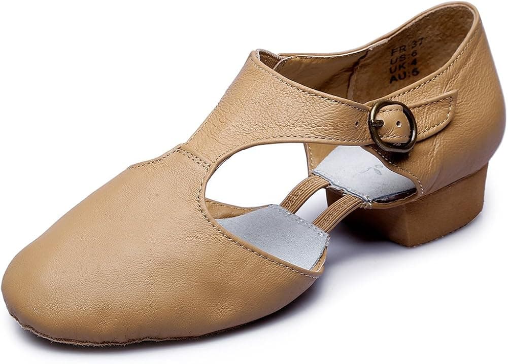 MSMAX Womens T-Strap Leather Jazz Dance Shoes,Natural,7.5 M US Women