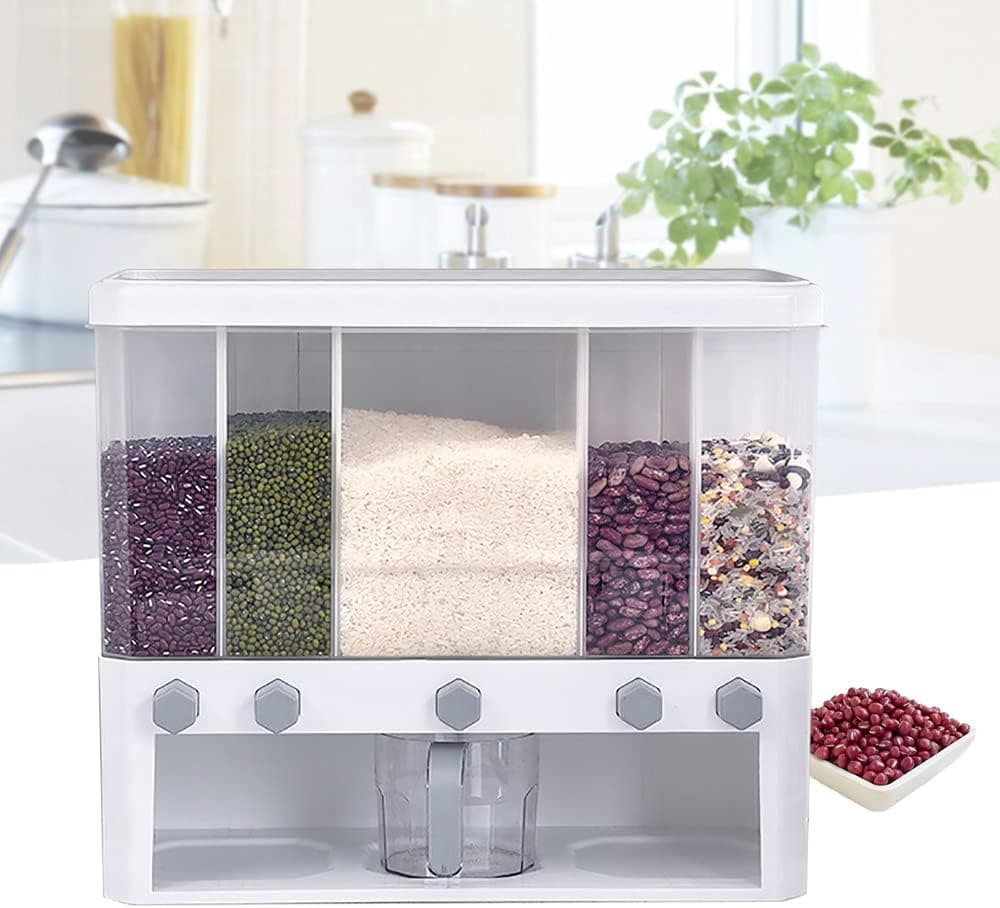 Dry Food Dispensers, 5-Grid Rice Dispensers, Dry Food Storage Wall-Mounted Rice Storage Dispensers, Kitchen Rice Storage Dispenser for Grains Cereal Rice Candy Coffee Bean Snack Grain with Cup and Button