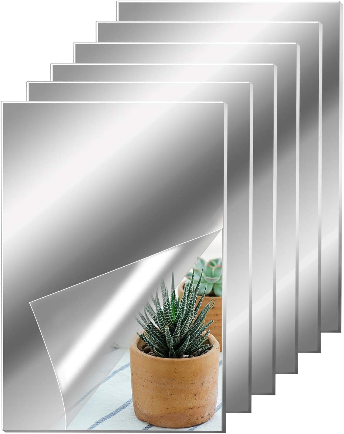 Aneco 6 Pack Thickened Acrylic Mirror Sheets Self Adhesive Plastic Mirror Tiles Mirror Wall Stickers Decal for Home Room Decor, 6 x 9 inches (Thickness 2 mm)