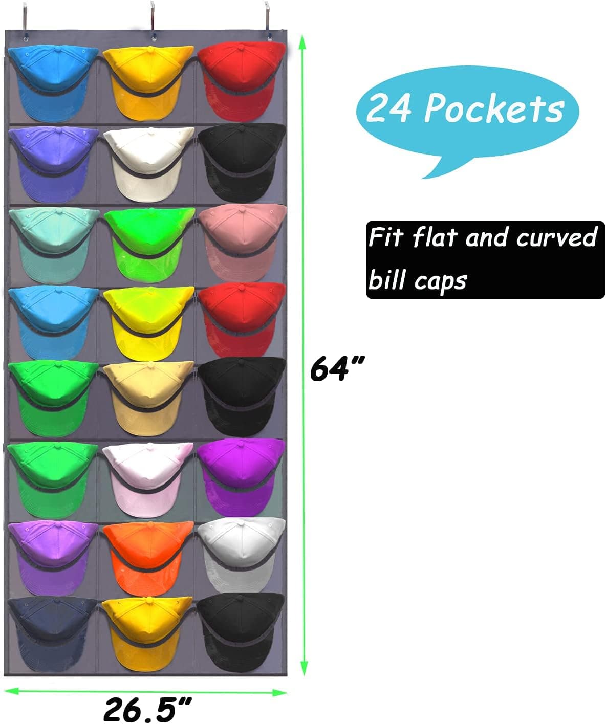 KHIKILY Baseball Hat Rack, 24 Pocket Over-The-Door Cap Organizer with Clear Deep Pockets Wall Mount Bag for Baseball Caps and Hats (Grey)