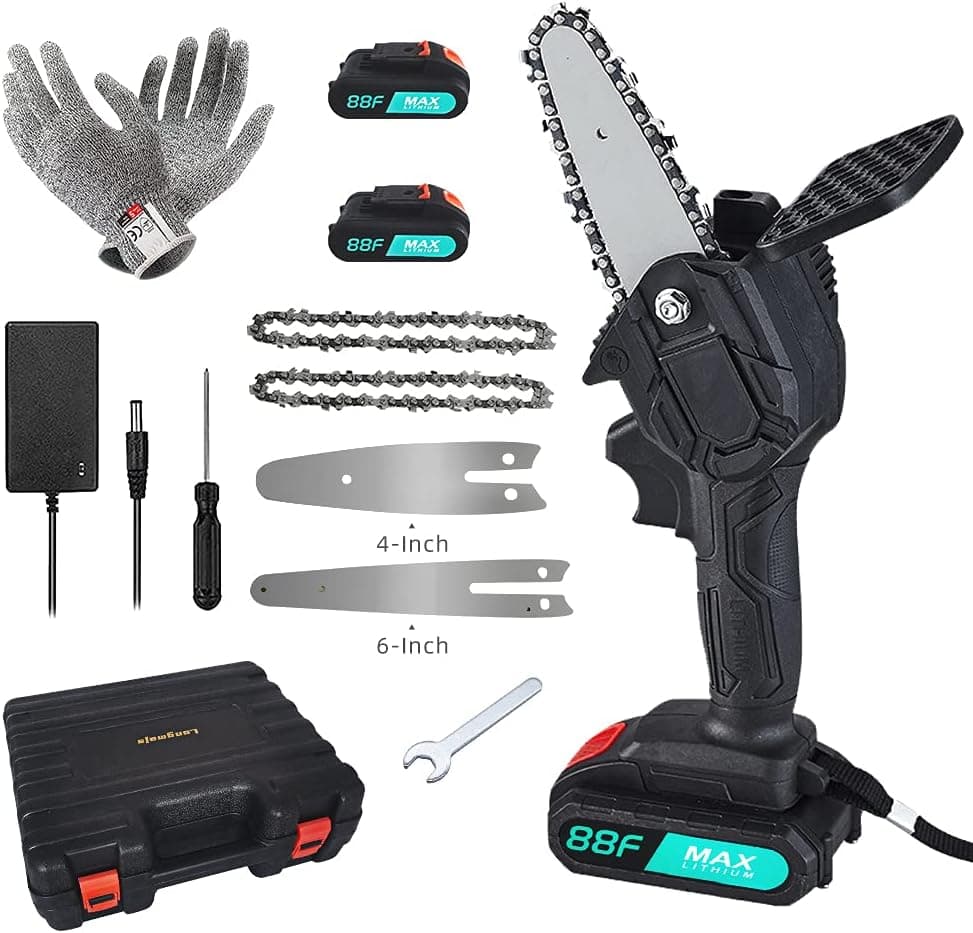 Longmajs 21V Mini Chainsaw with 2Pcs Rechargeable Batteries, 4-Inch and 6-Inch Mini Electric Chainsaw Cordless Portable Saw Wood Branch Cutter Pruning Shears Chainsaw for Tree Branch Wood Cutting