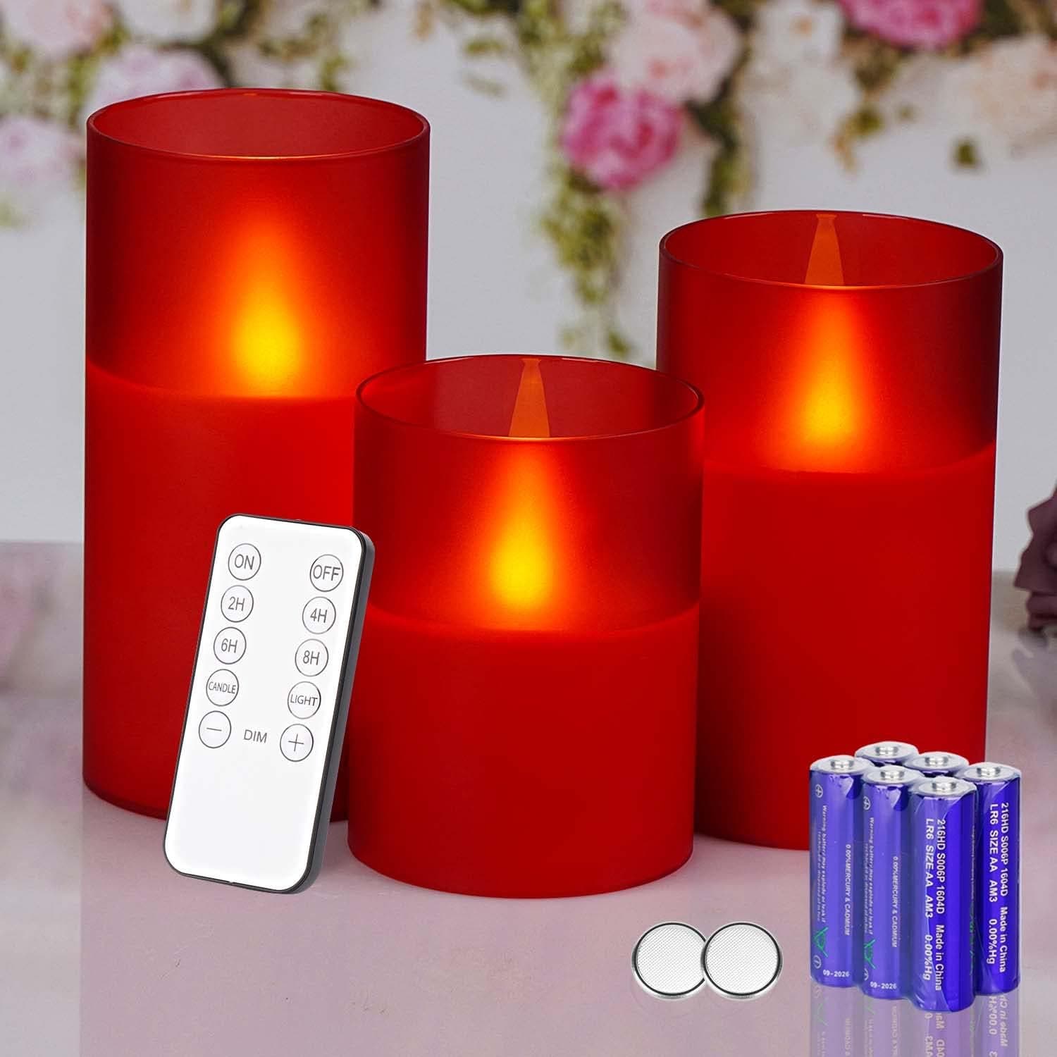 LIVILLA Flikering Flameless Candles with 10-Keys Remote & Timer, Moving Flame Led Candles, Battery Operated Flameless Pillar Candles in Glass Holder, Set of 3(D3” x H4”5”6”) Red