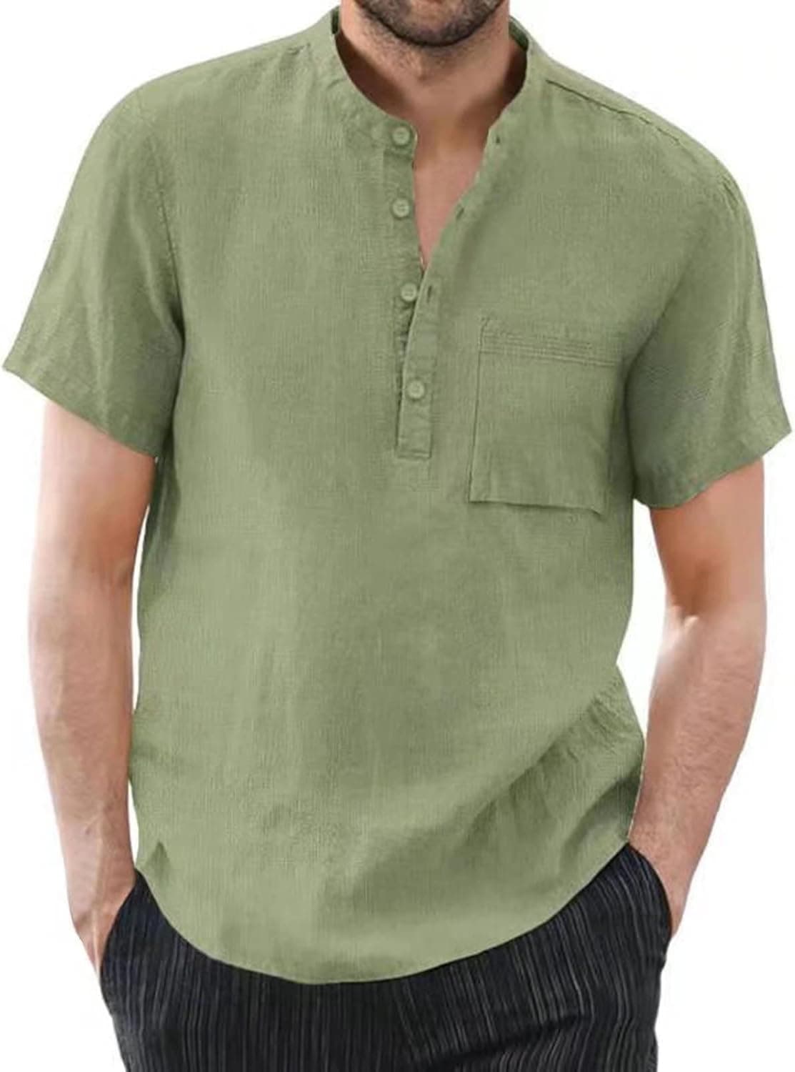 Men's Linen Henley Shirts Casual Short Sleeve Button Up Shirts Summer Beach Shirts Top Light Green 2XL