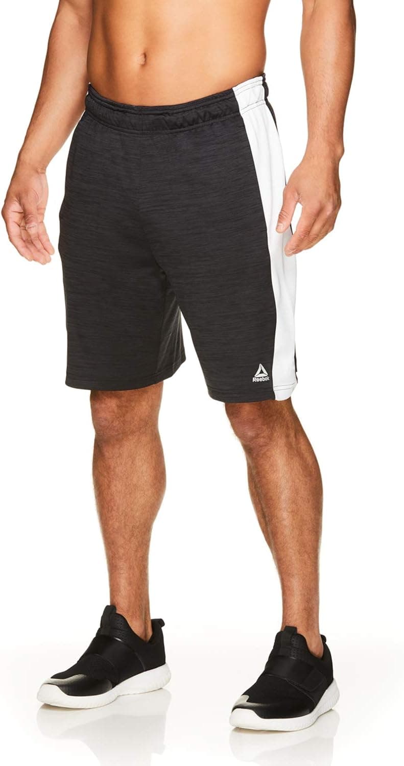 Reebok Men's Drawstring Shorts - Athletic Running & Workout Short w/Pockets - Boulder Set Black Heather/Stark White, Large
