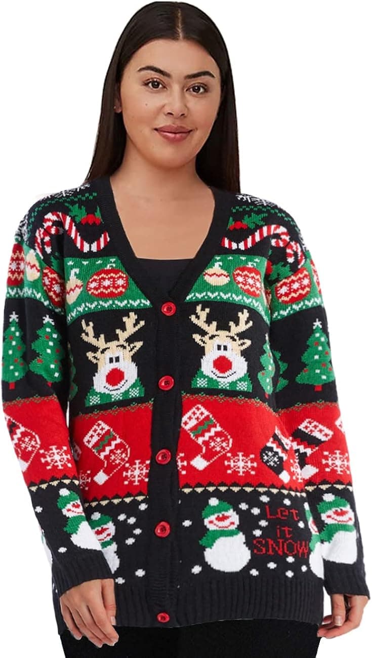 v28 Ugly Christmas Sweater for Women Reindeer Funny Merry Knit Sweaters Cardigan